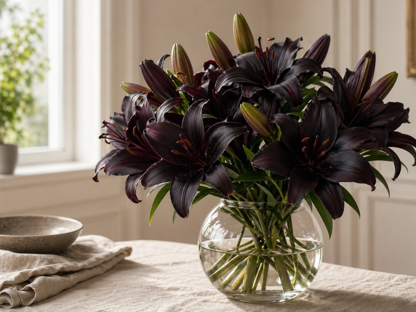 Near-black lilies arranged in a glass vase in soft natural light