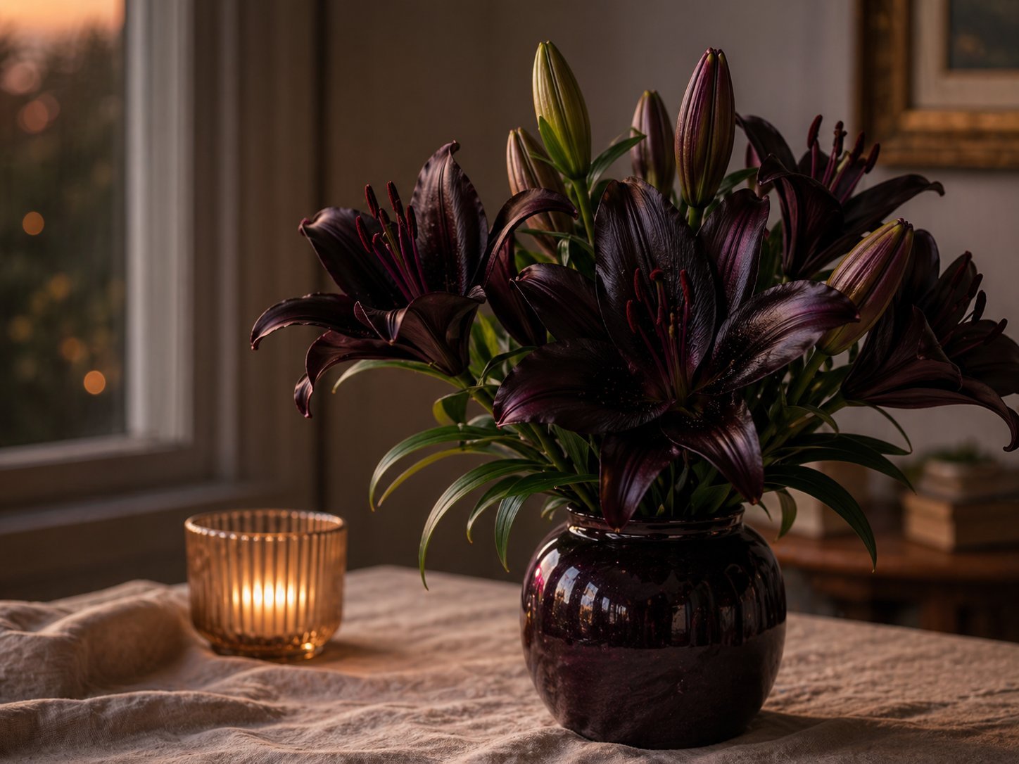 Near-black lilies displayed on a dark table with soft candlelight