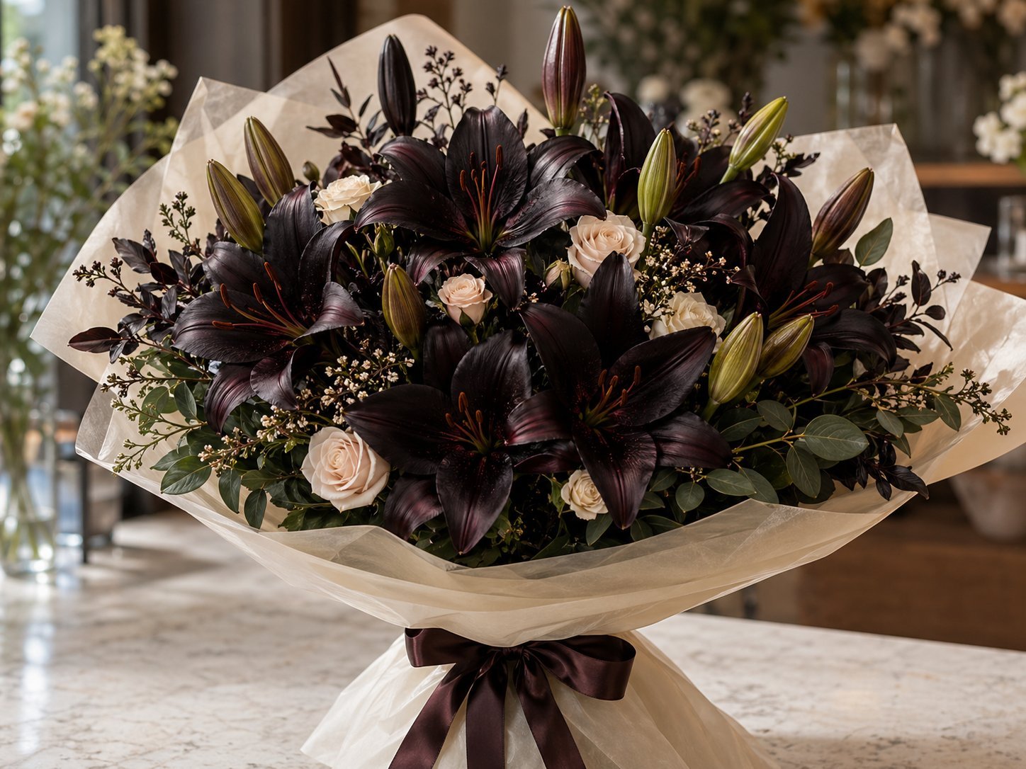 Dramatic gift bouquet with near-black lilies and deep greenery