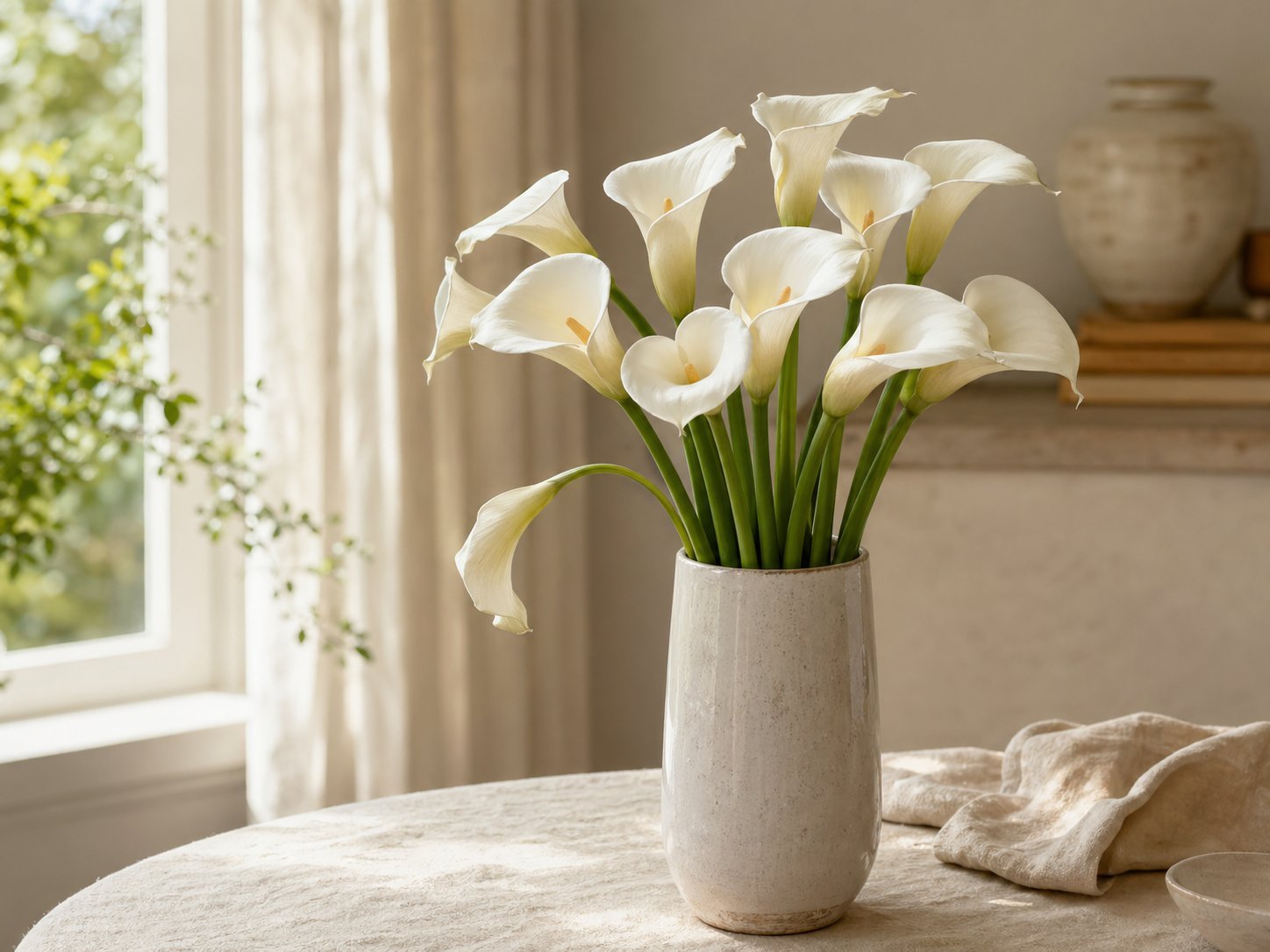 White calla lilies arranged in a tall ceramic vase by a bright window