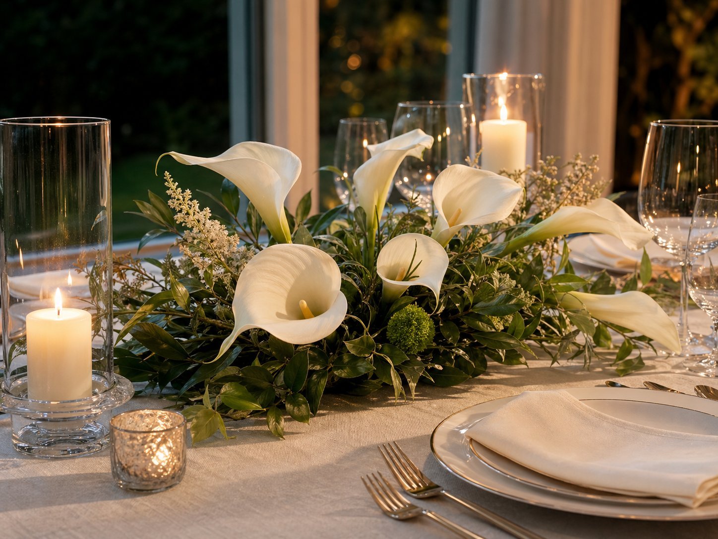 White calla lilies arranged on an elegant wedding-style table with candles