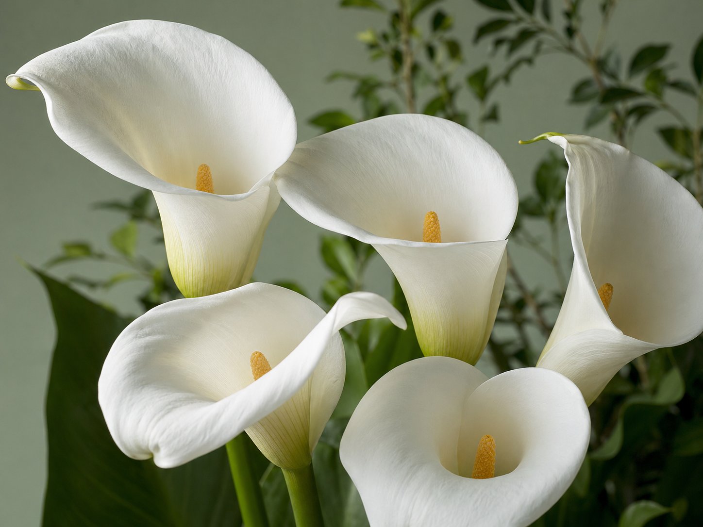 Close-up photo of white calla lily blooms with smooth curved petals