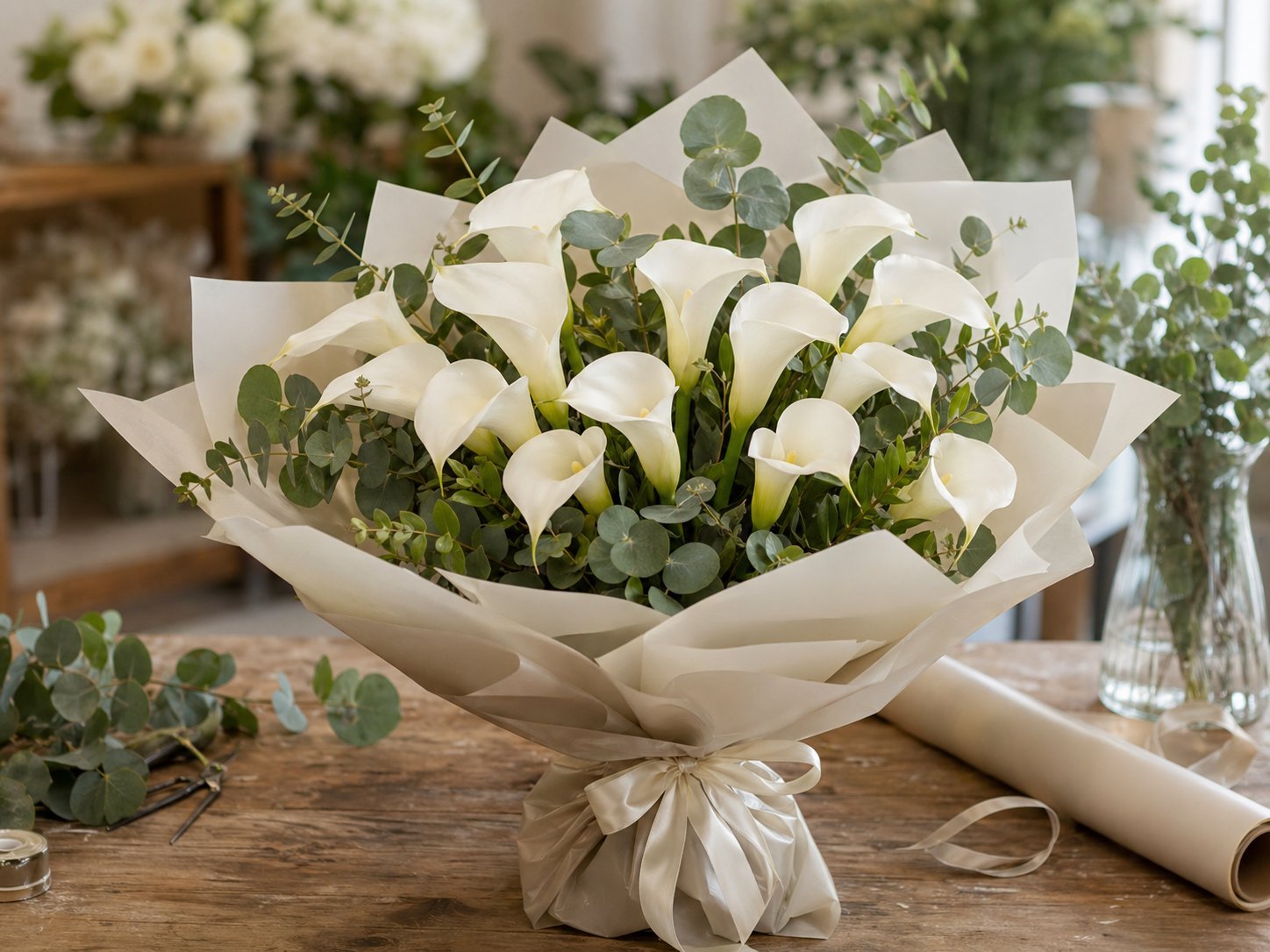 White calla lily gift bouquet wrapped in ivory paper with eucalyptus