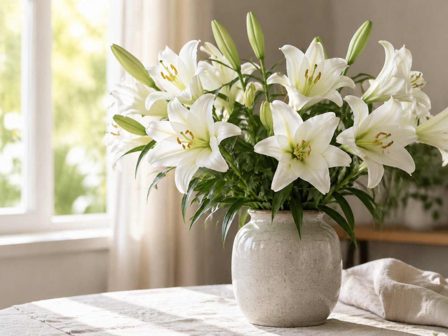 White Easter lilies arranged in a ceramic vase beside a bright spring window