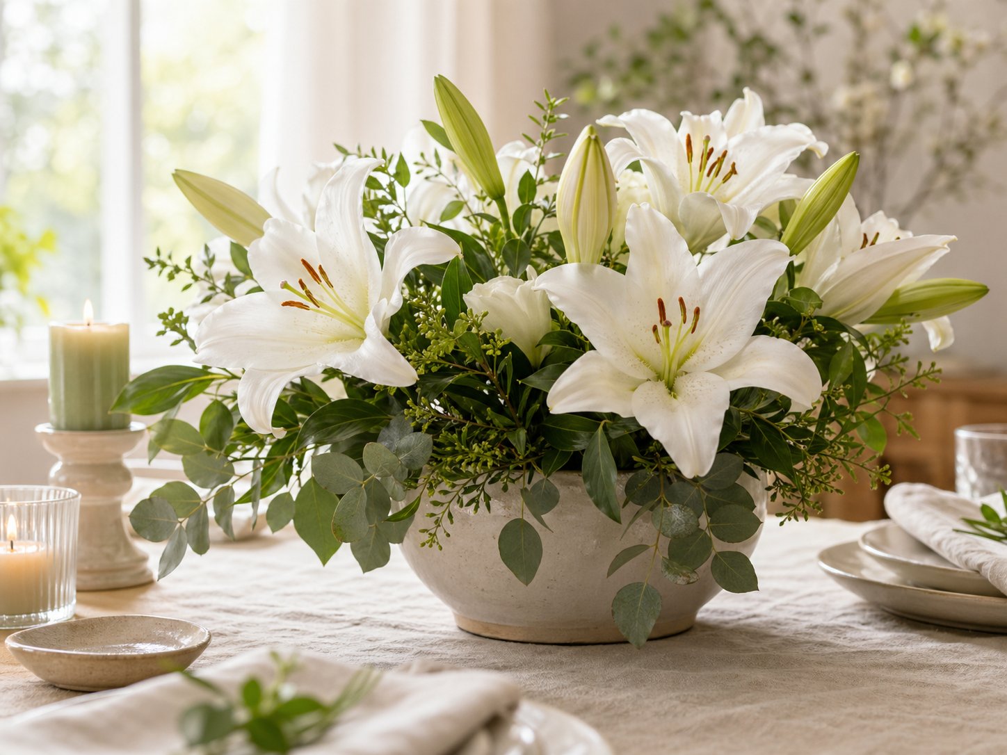 White Easter lilies arranged on a peaceful spring table with linen and candles