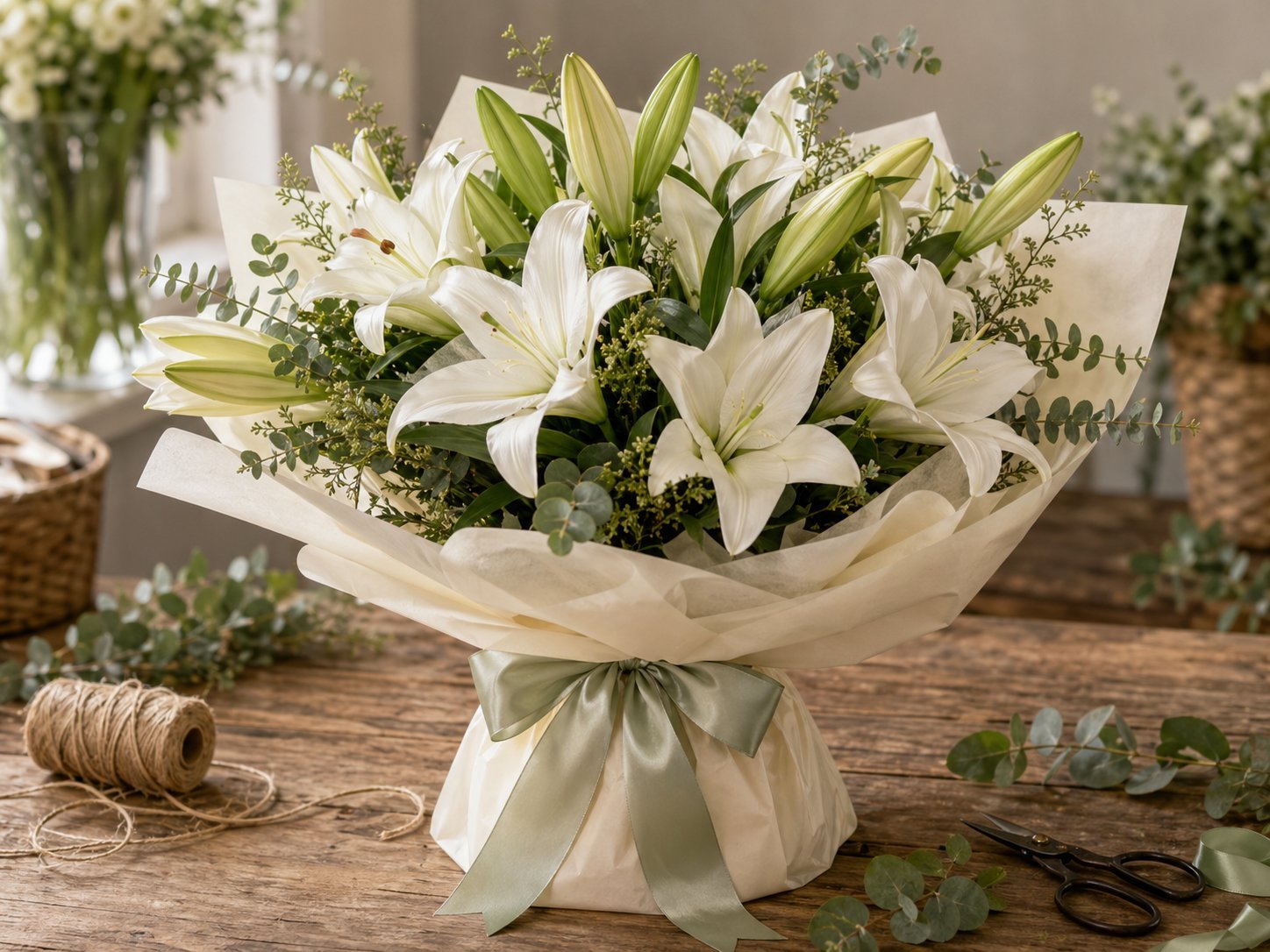 Elegant white Easter lily gift bouquet wrapped in ivory paper with pale green ribbon
