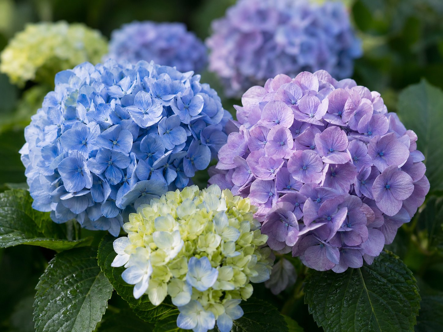 Close-up photo of blue and lavender hydrangea blooms with soft petals