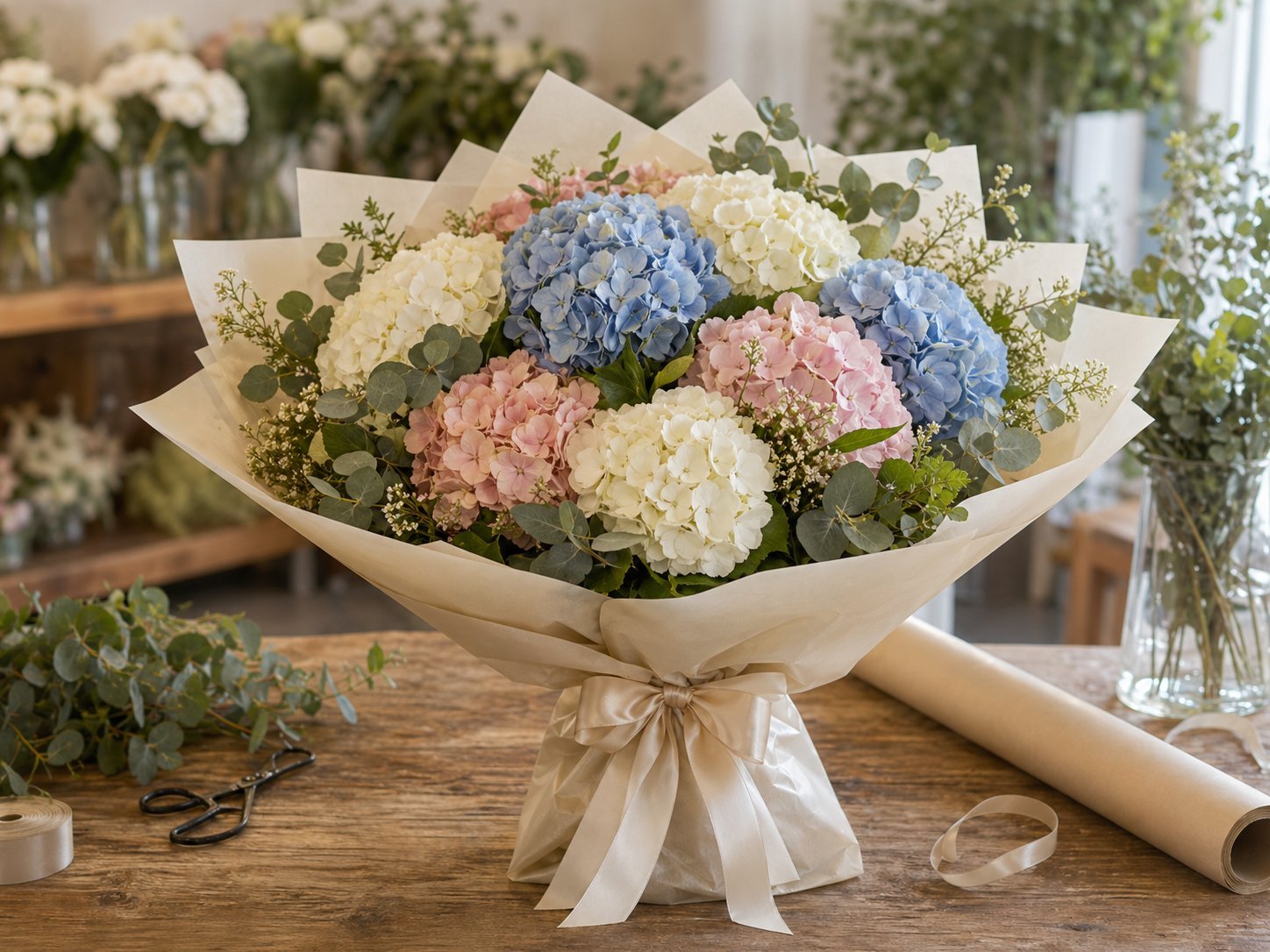 Lush hydrangea gift bouquet wrapped in ivory paper with ribbon