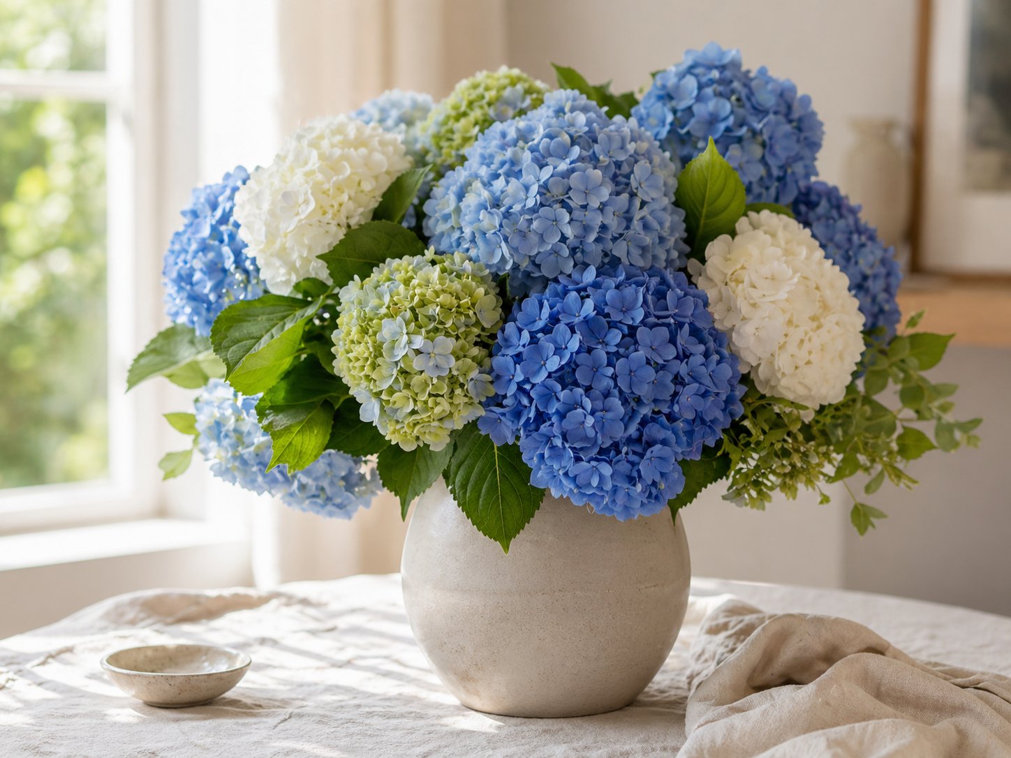 Blue and white hydrangeas arranged in a ceramic vase by a bright window