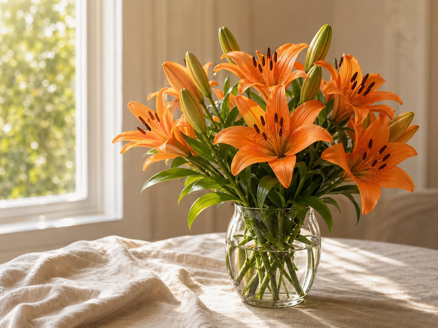 Orange lilies arranged in a glass vase in warm natural light