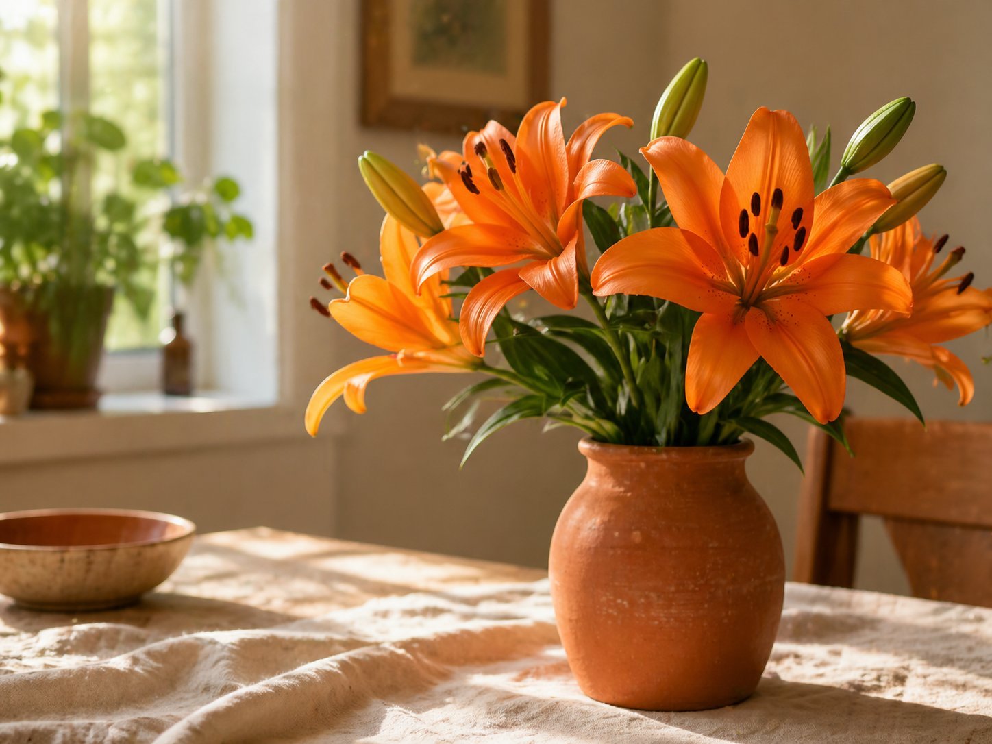 Orange lilies in a terracotta vase on a warm home table