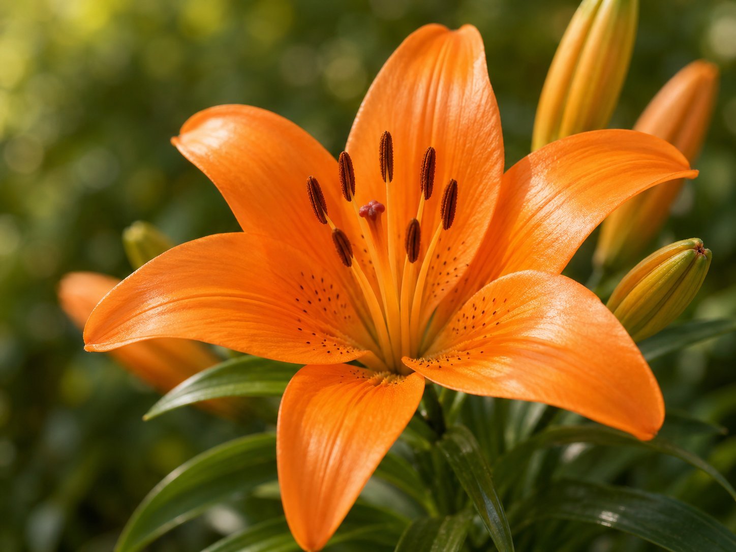 Close-up photo of an orange lily bloom with natural green leaves