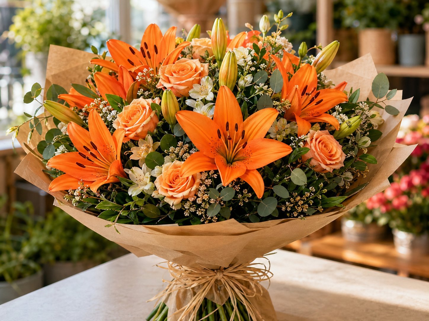 Orange lily bouquet wrapped as a bold celebration gift