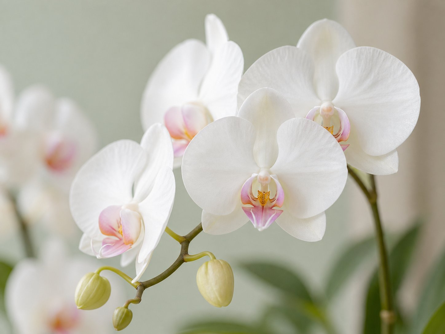 Close-up photo of white orchid blooms with soft pink and yellow centers