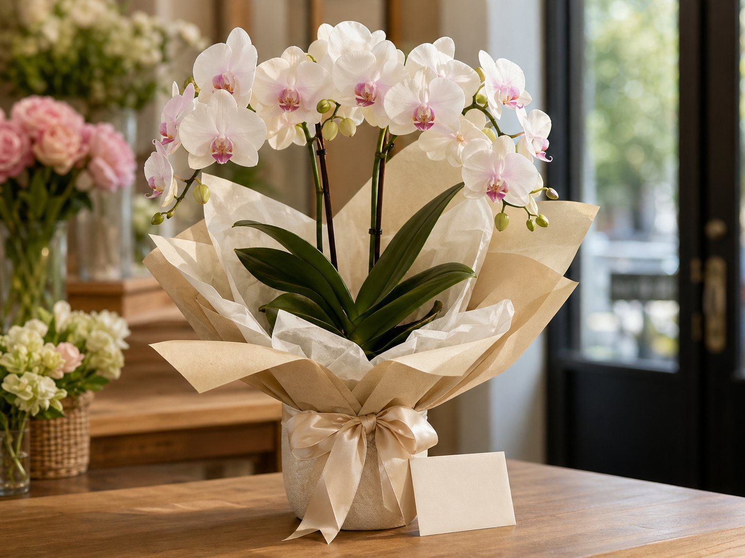 Potted orchid wrapped as an elegant delivery gift with neutral ribbon