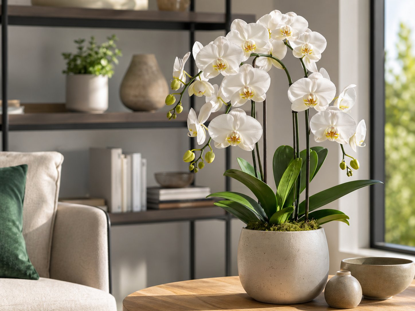 White orchid plant in a ceramic pot on a modern interior shelf