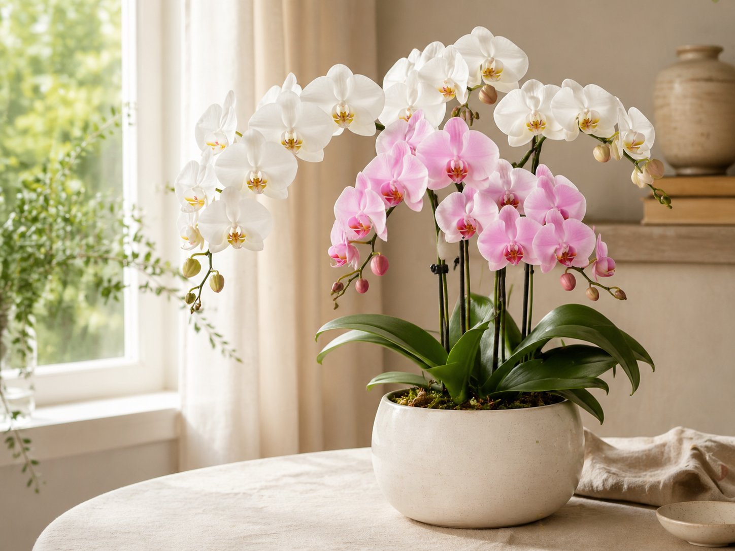White and soft pink orchids in a ceramic pot beside a bright window