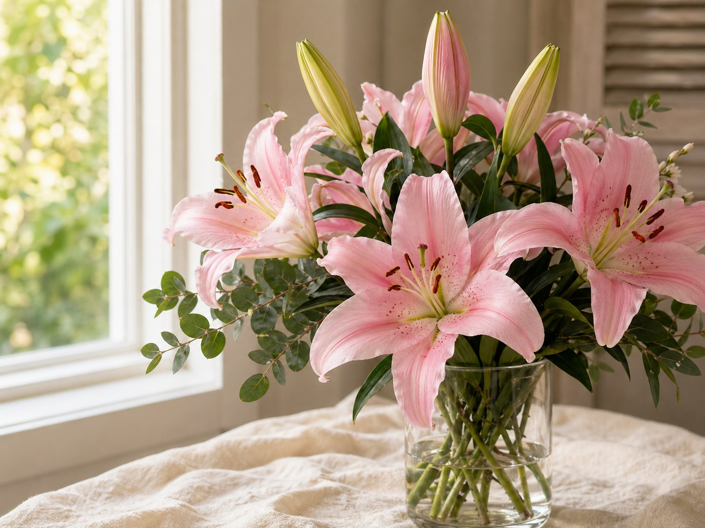 Pink lilies arranged in a glass vase beside a bright window