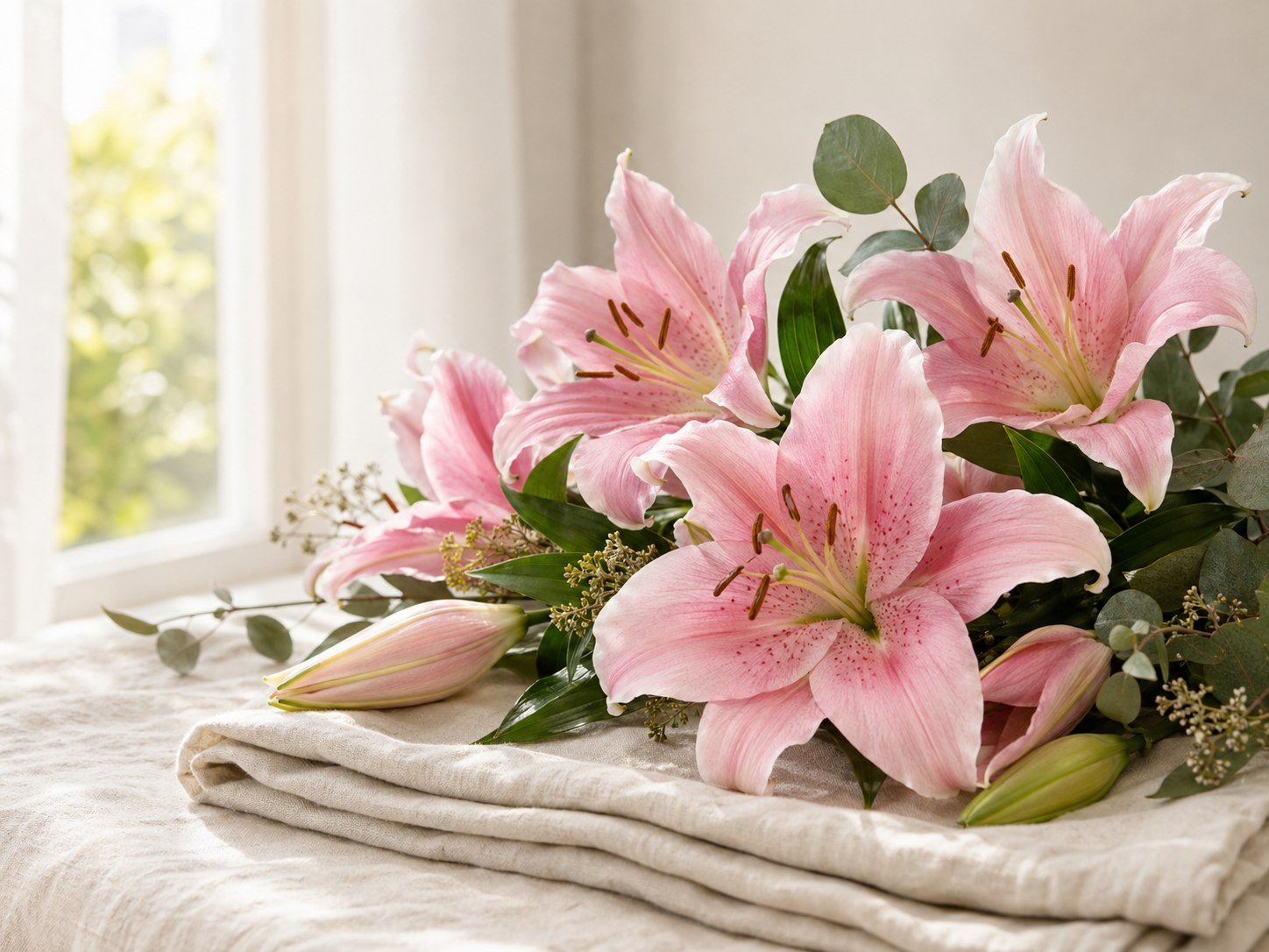 Pink lilies resting on cream linen in soft daylight