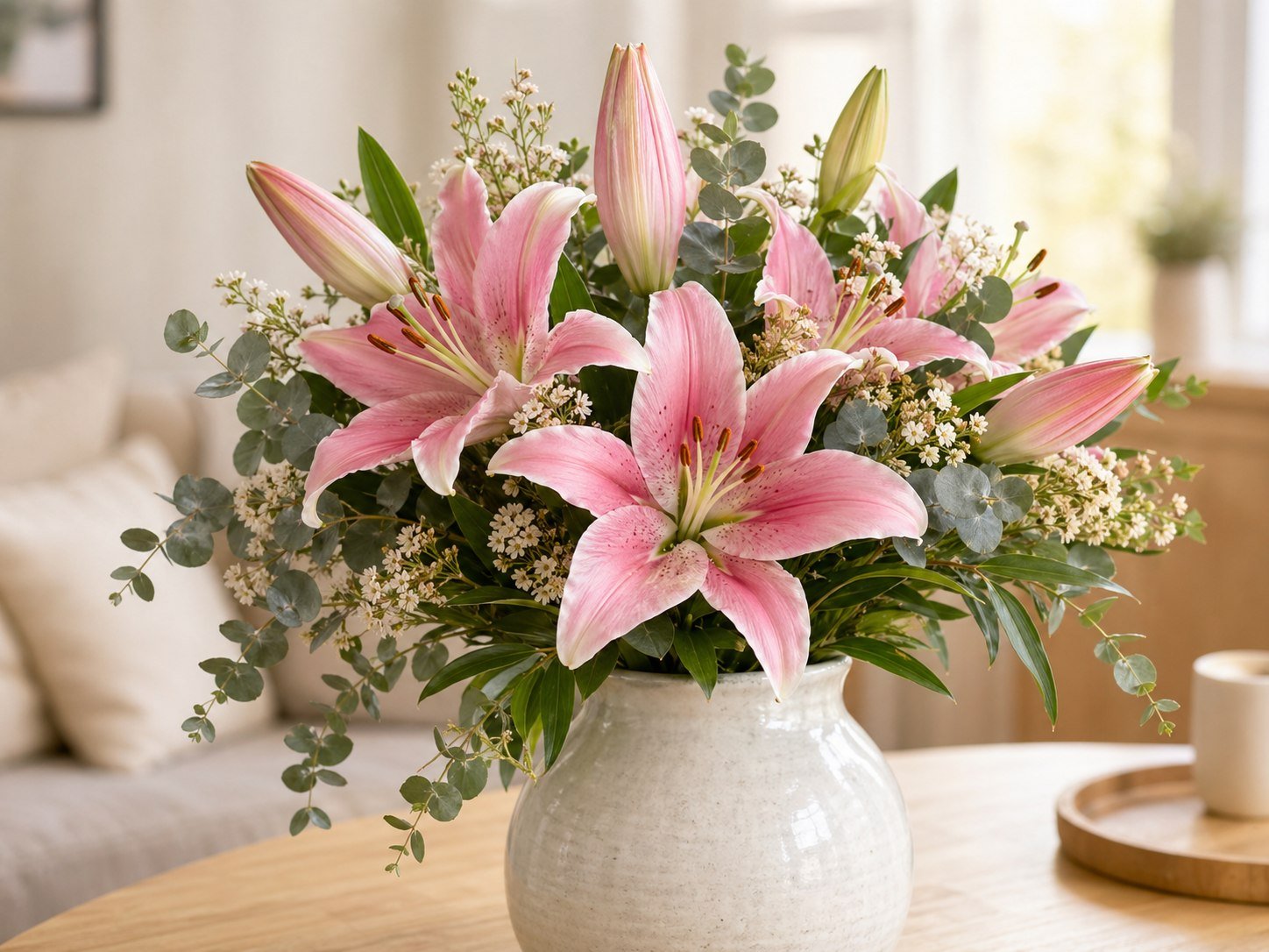 Pink lily bouquet with greenery in a pale ceramic vase
