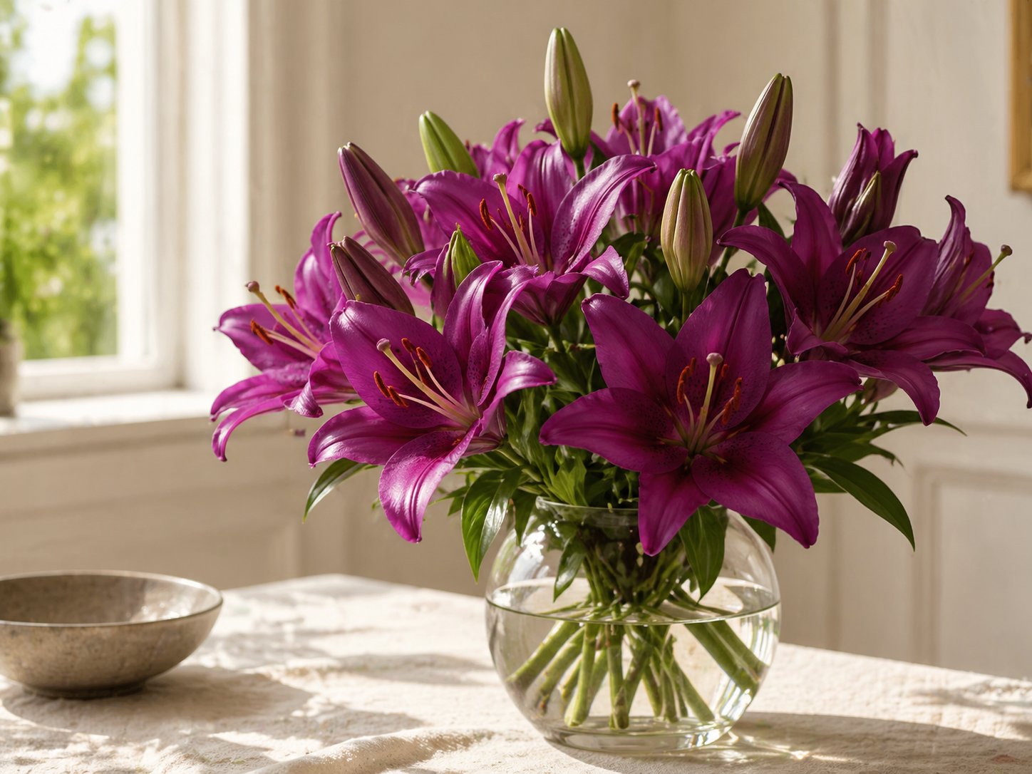 Purple lilies arranged in a glass vase in soft natural light