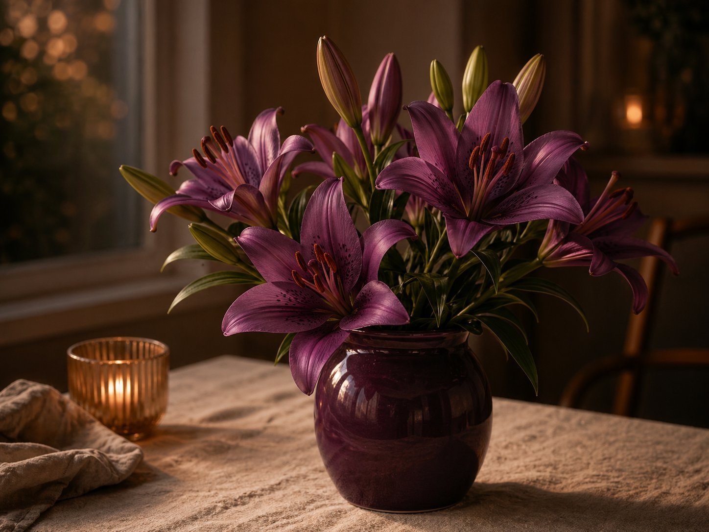 Purple lilies in a plum ceramic vase on a cream linen table