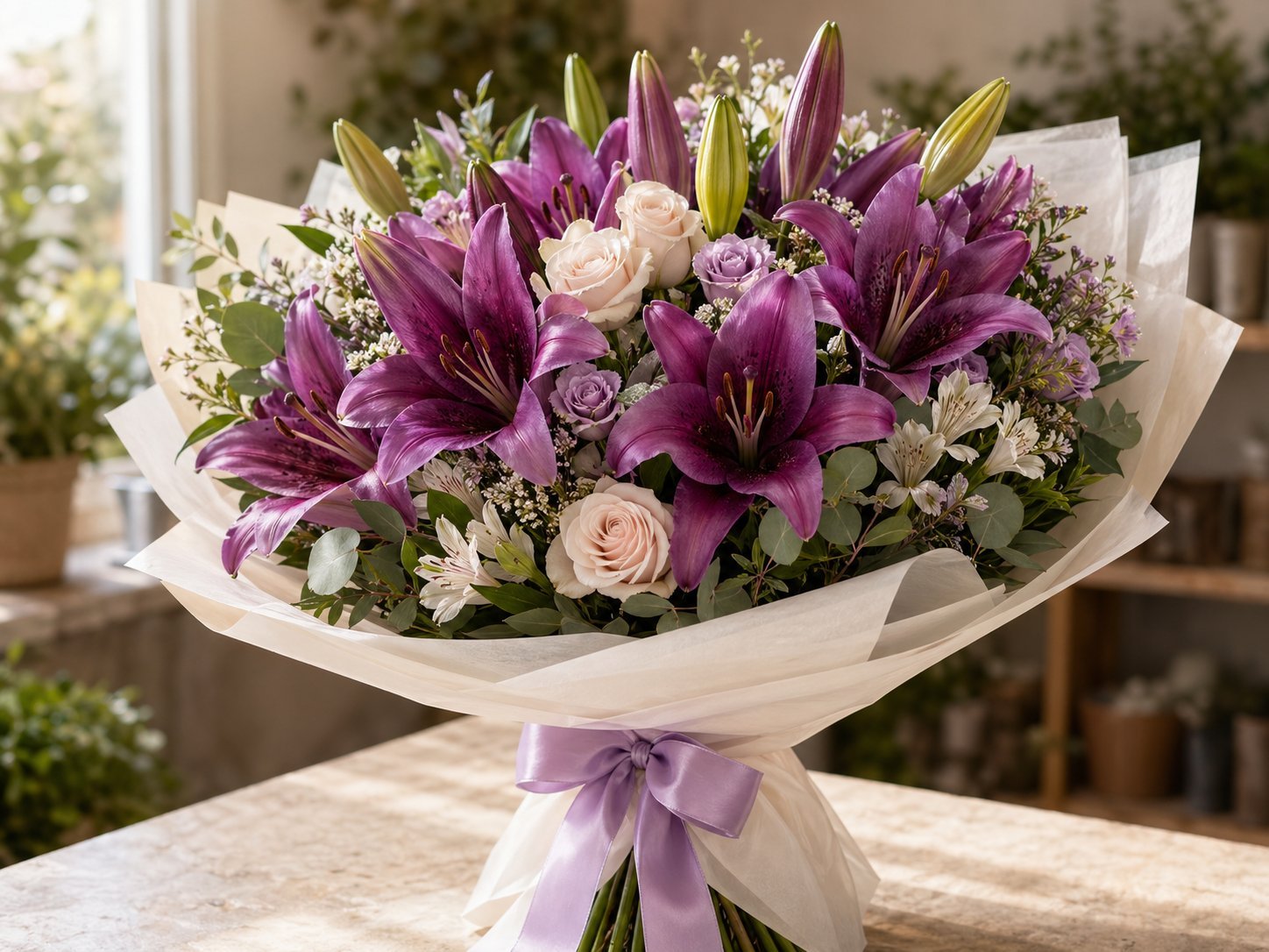 Purple lily bouquet wrapped as a refined luxury flower gift