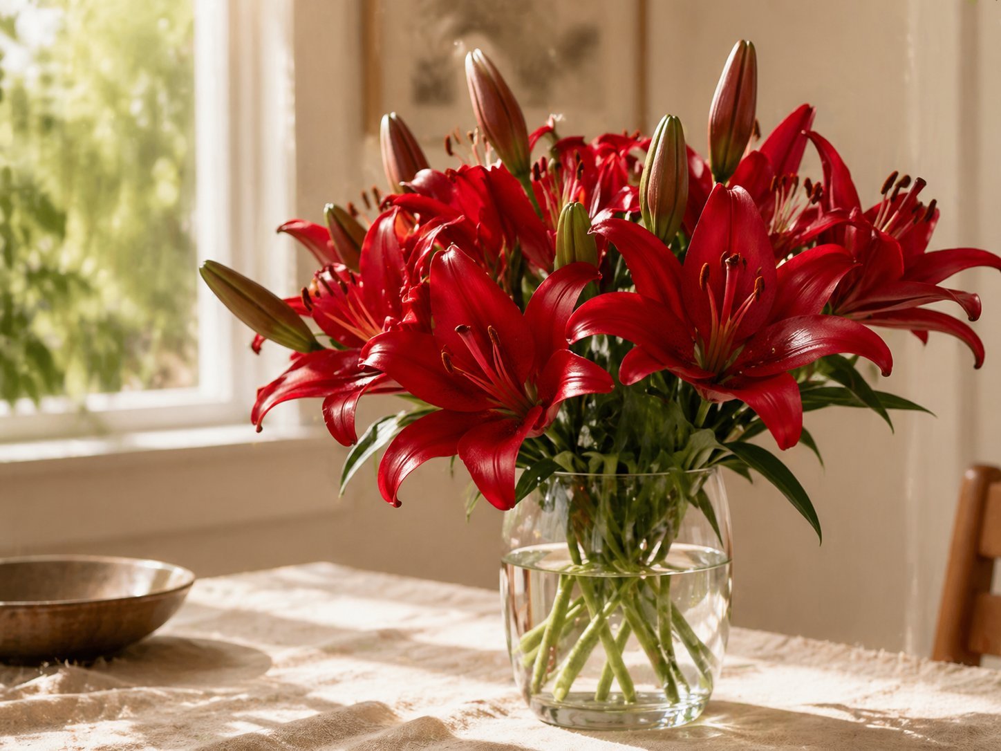 Red lilies arranged in a glass vase in warm natural light