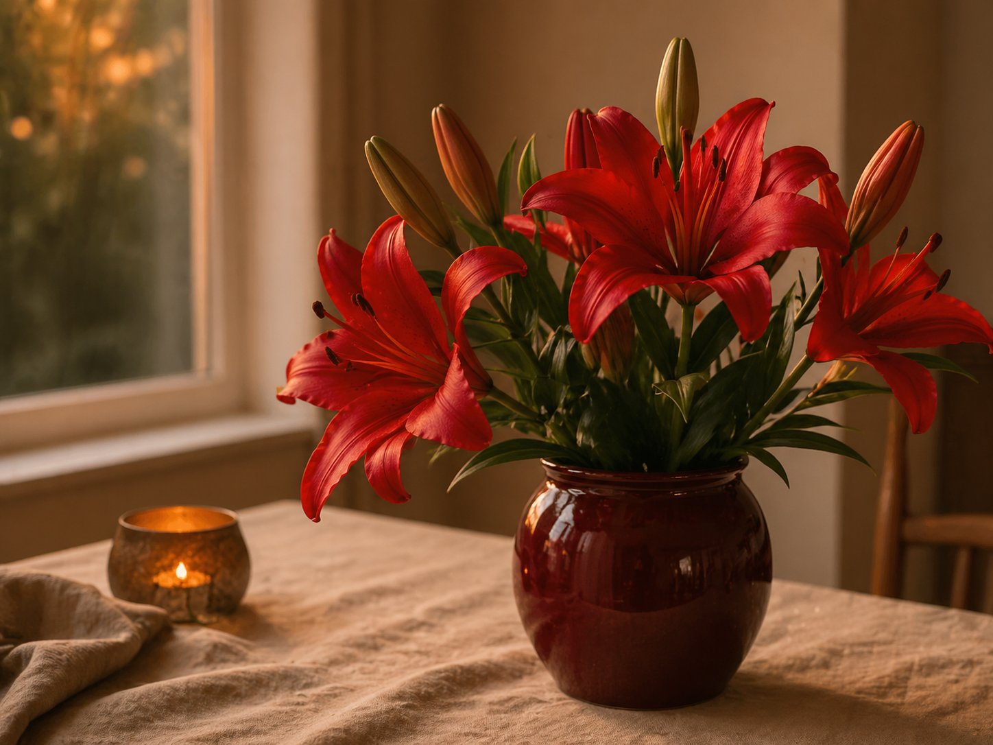 Red lilies in a burgundy vase on a warm home table