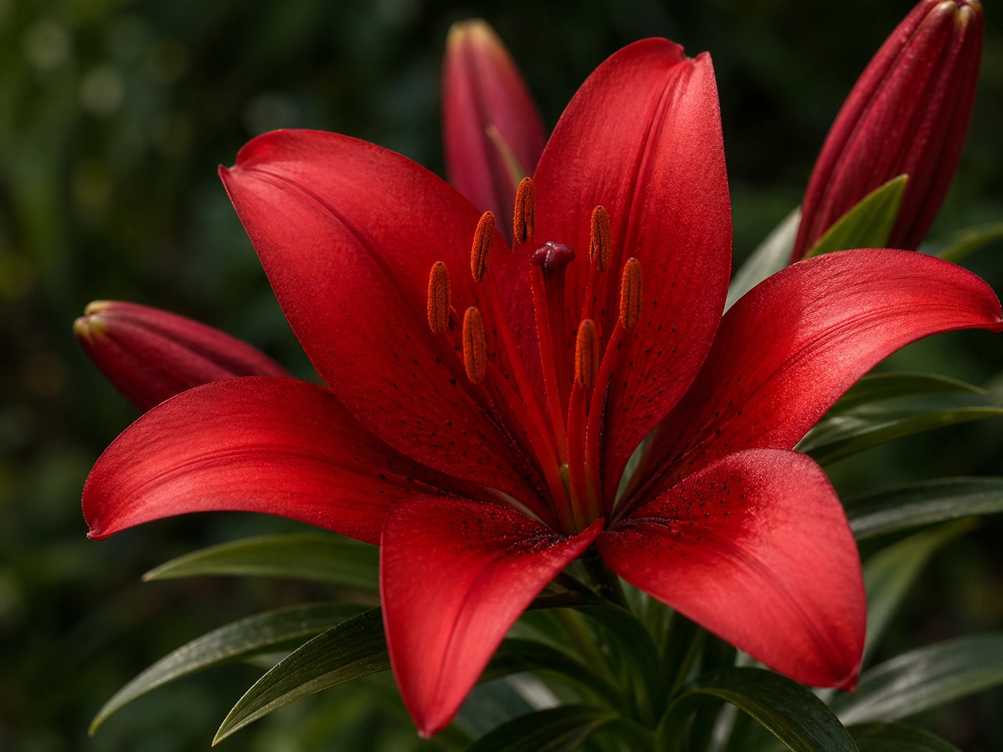 Close-up photo of a deep red lily bloom with green leaves