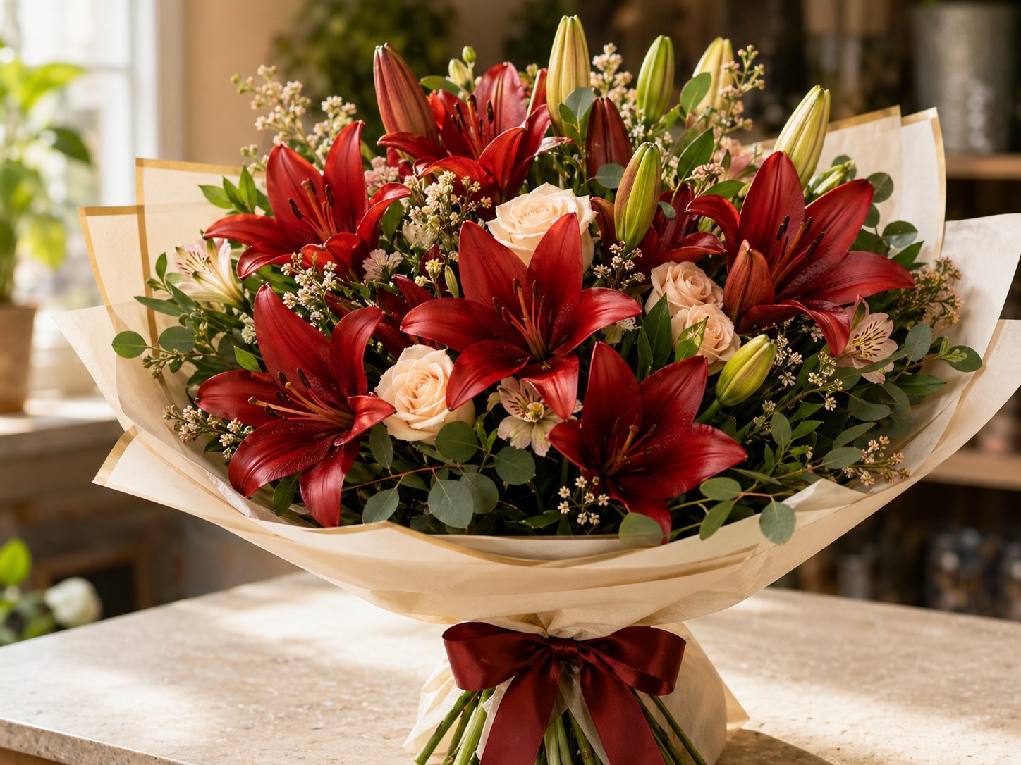 Red lily bouquet wrapped as an elegant romantic gift