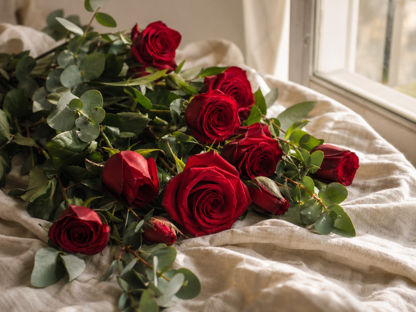 Red Roses On Linen