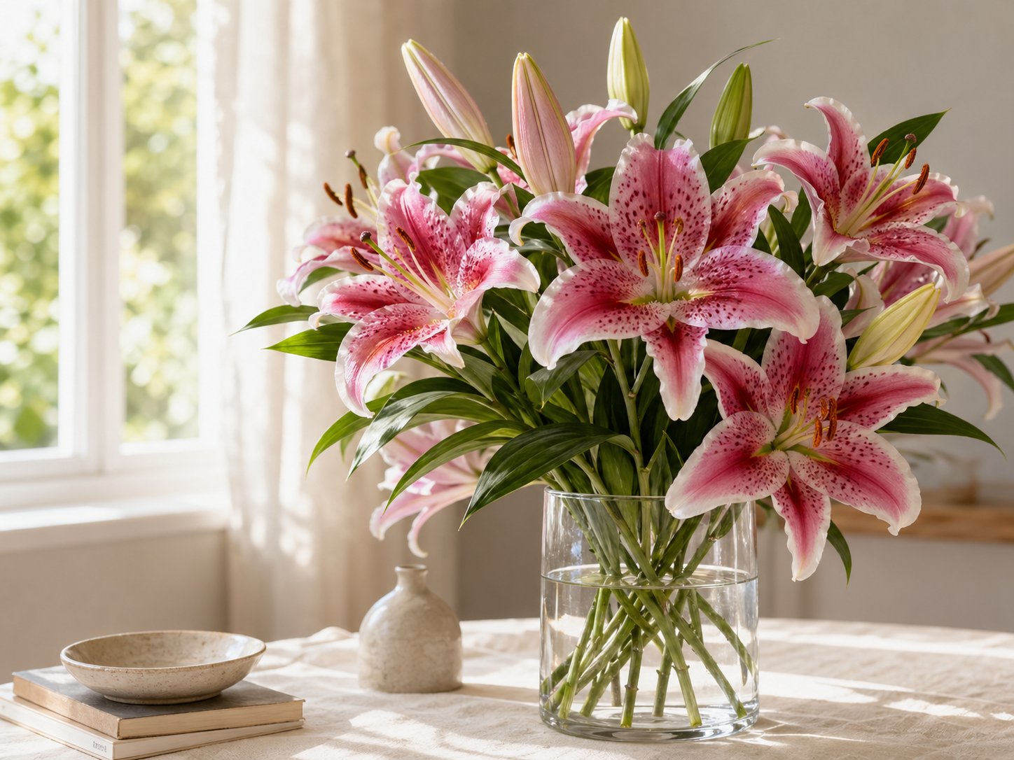 Pink and white stargazer lilies arranged in a clear glass vase by a bright window