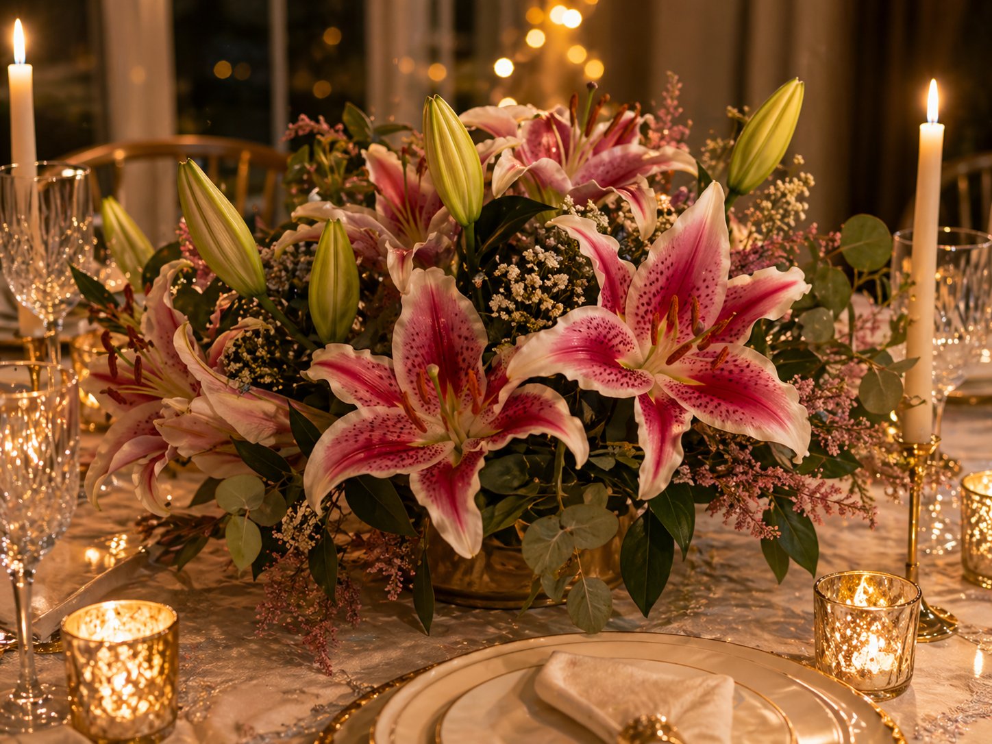 Stargazer lilies arranged on an elegant romantic table with candles