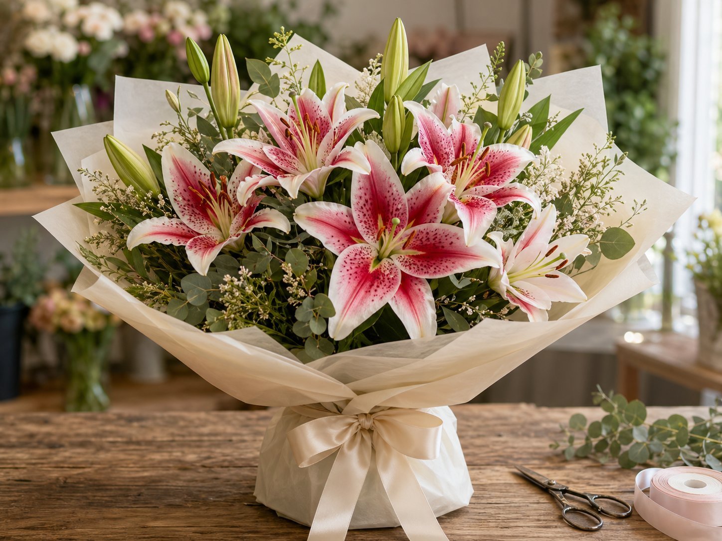 Luxurious stargazer lily gift bouquet wrapped in ivory paper with greenery