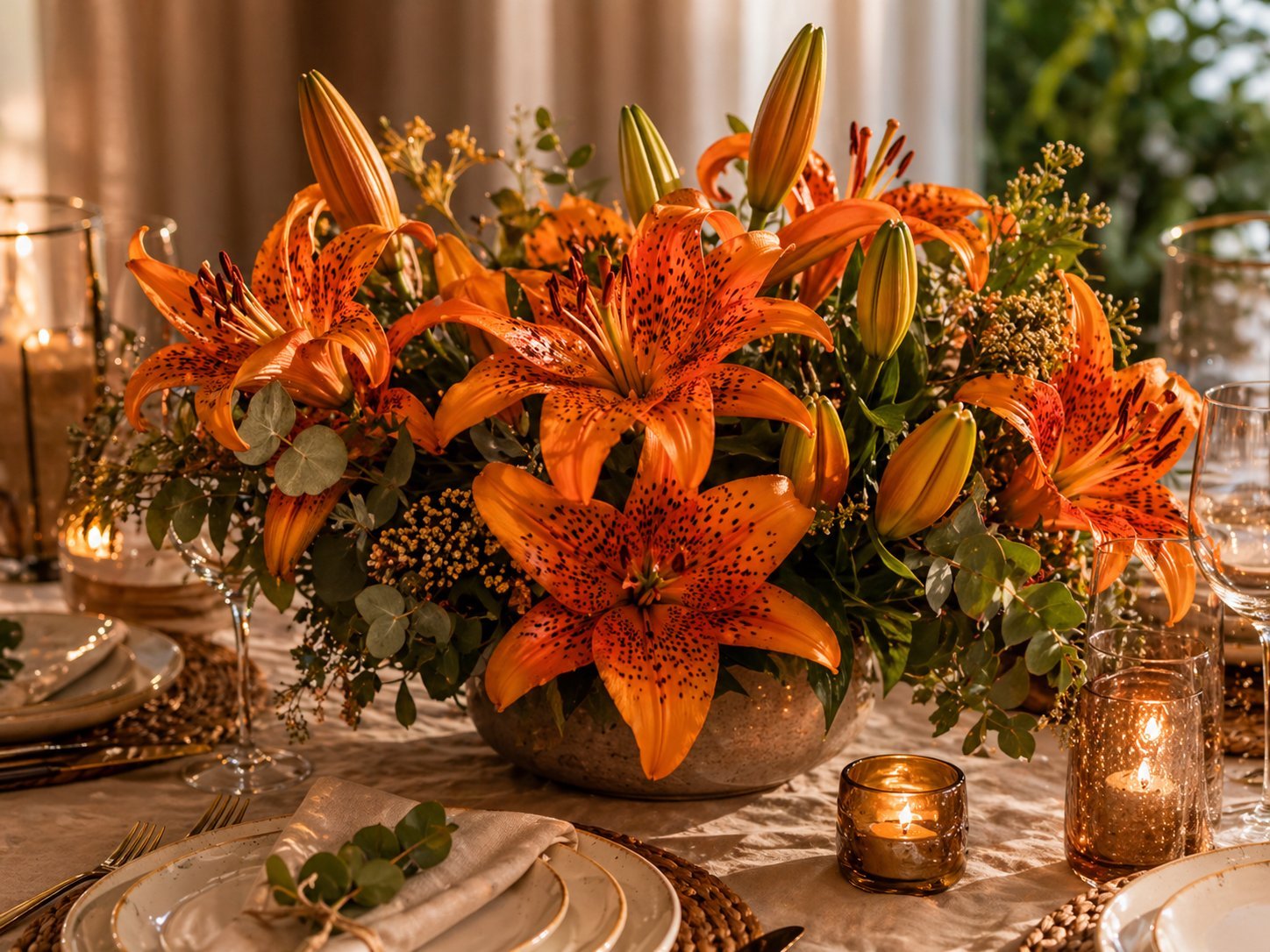 Orange tiger lilies arranged on a warm celebration table with candles
