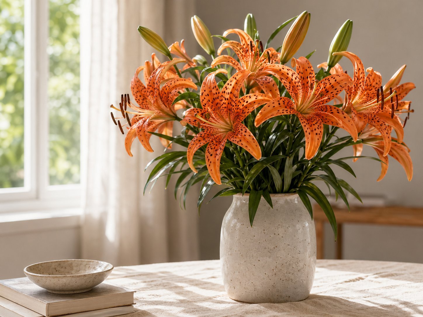 Orange tiger lilies arranged in a ceramic vase beside a bright window