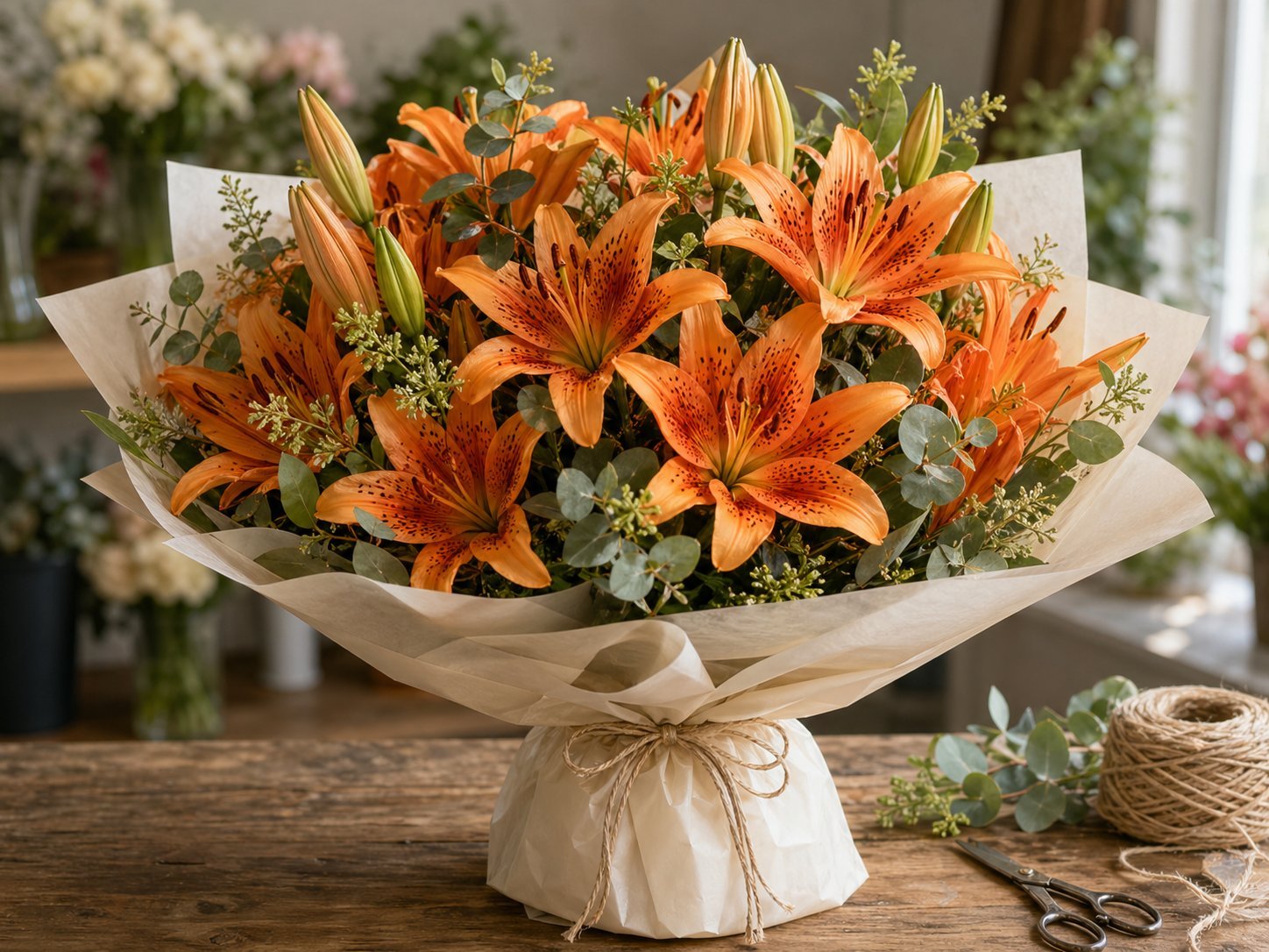 Bold tiger lily gift bouquet wrapped in ivory paper with greenery