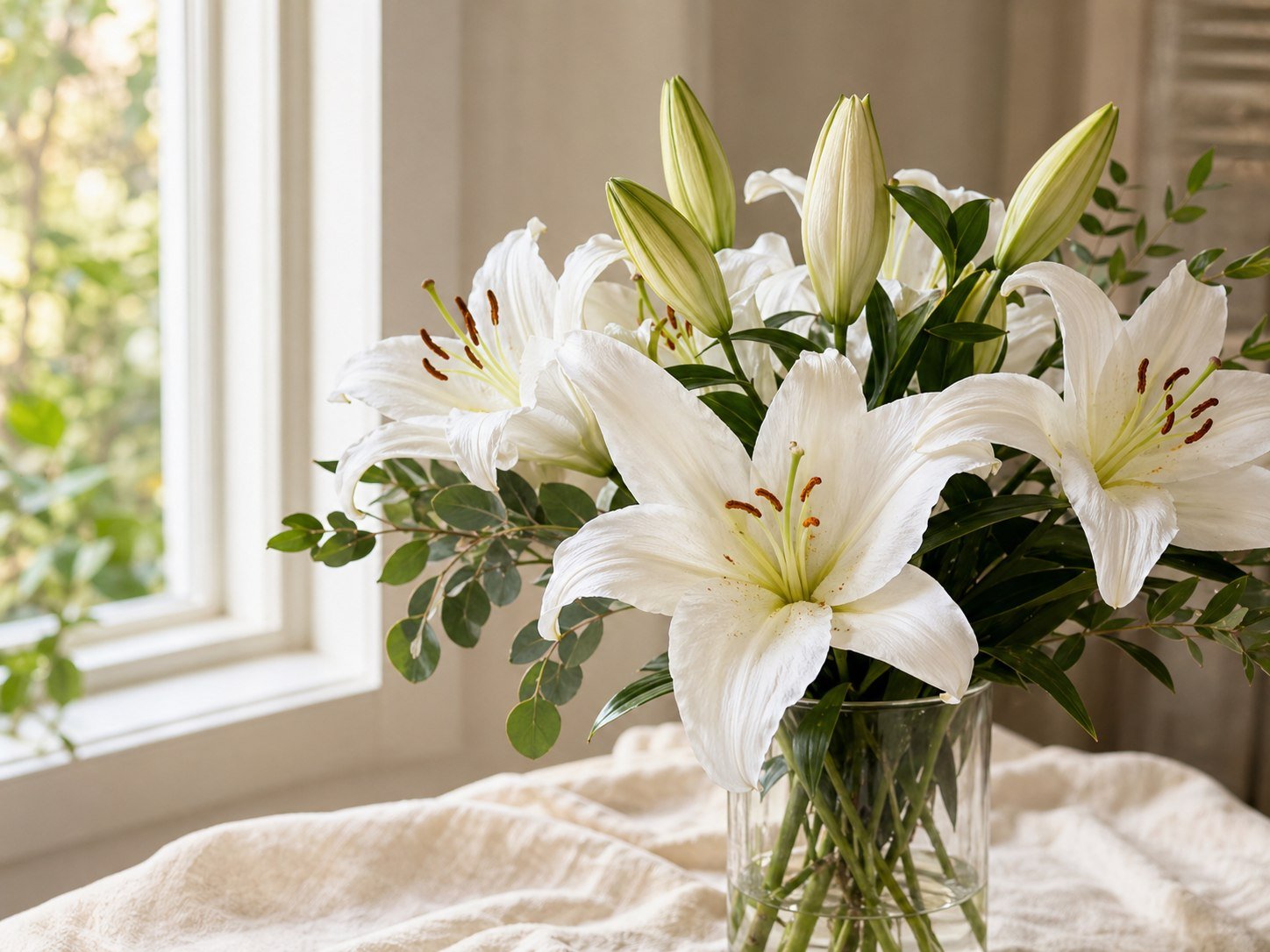 White lilies arranged in a glass vase beside a bright window