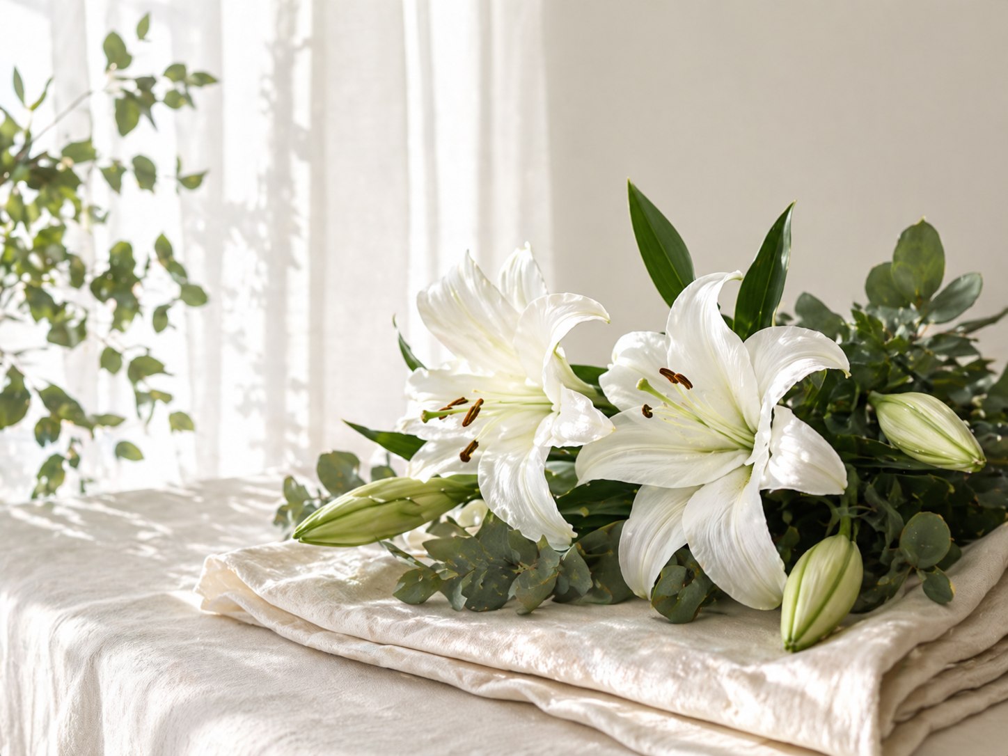 White lilies resting on cream linen in soft daylight