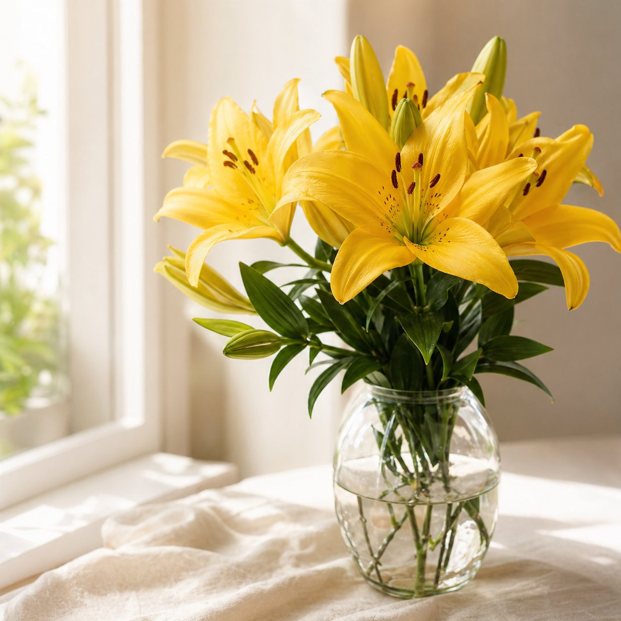 Yellow lilies arranged in a glass vase in warm window light