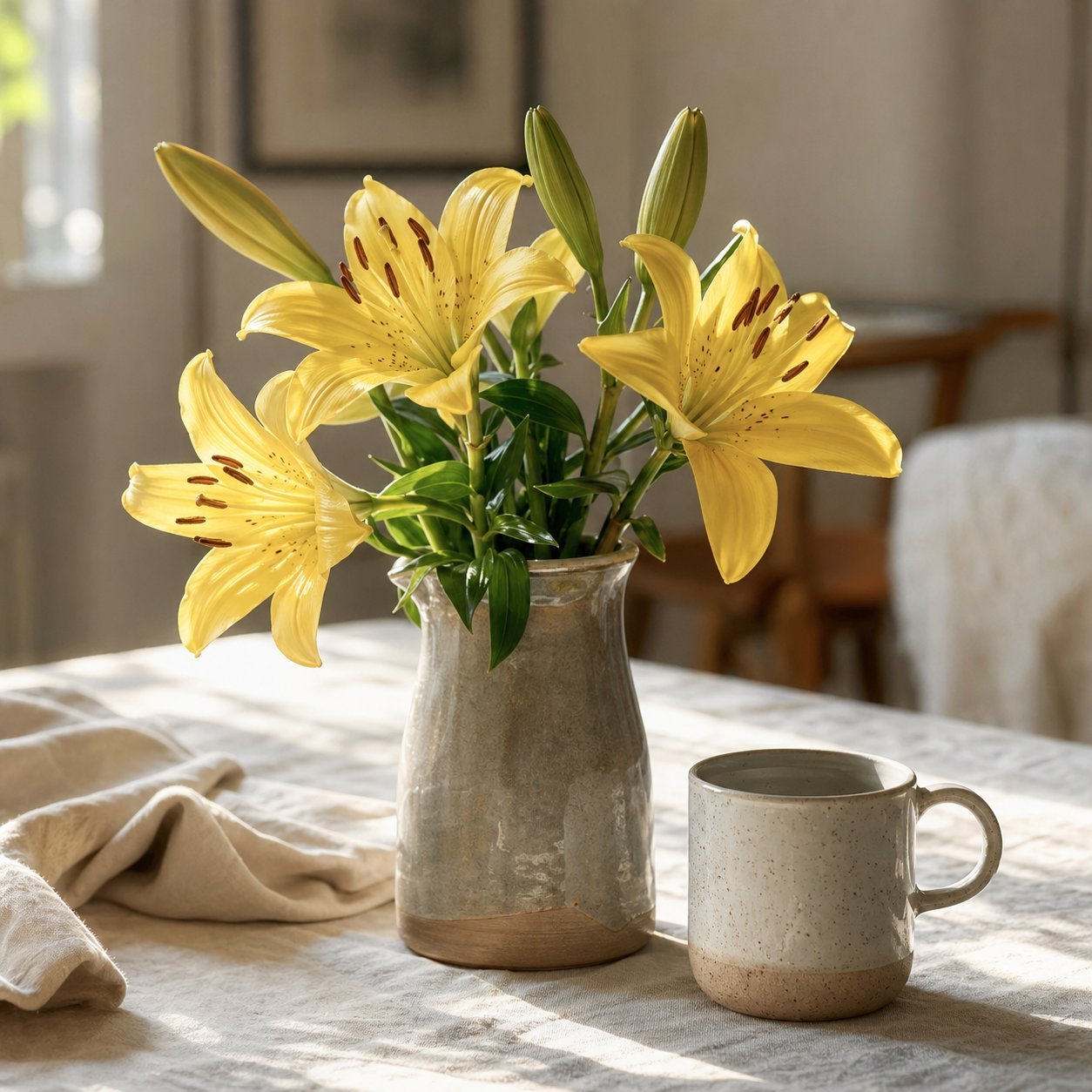 Yellow lilies in a simple vase on a warm home table