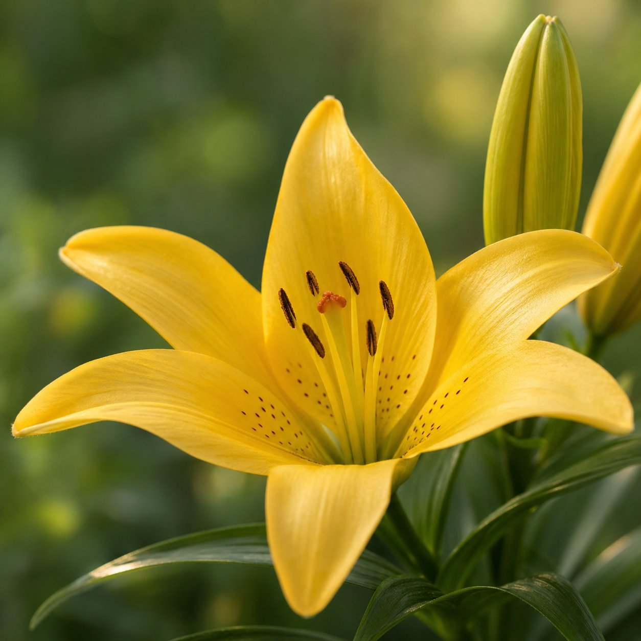 Close-up photo of a yellow lily bloom with soft green leaves