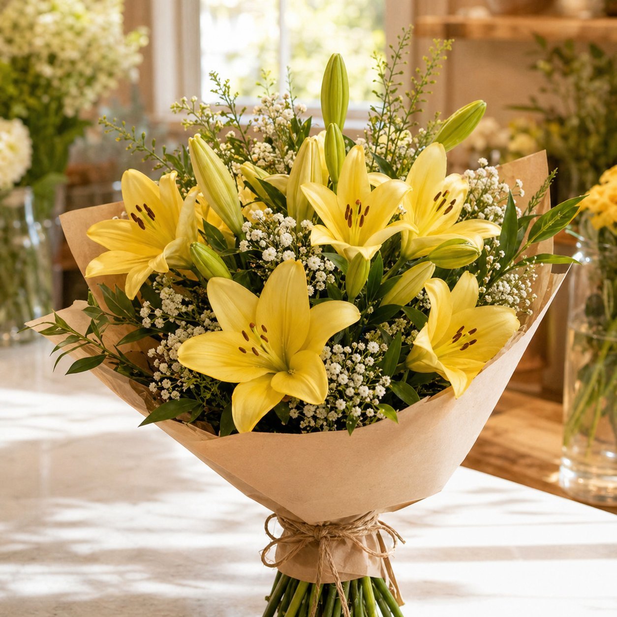 Yellow lily bouquet wrapped as a cheerful fresh flower gift