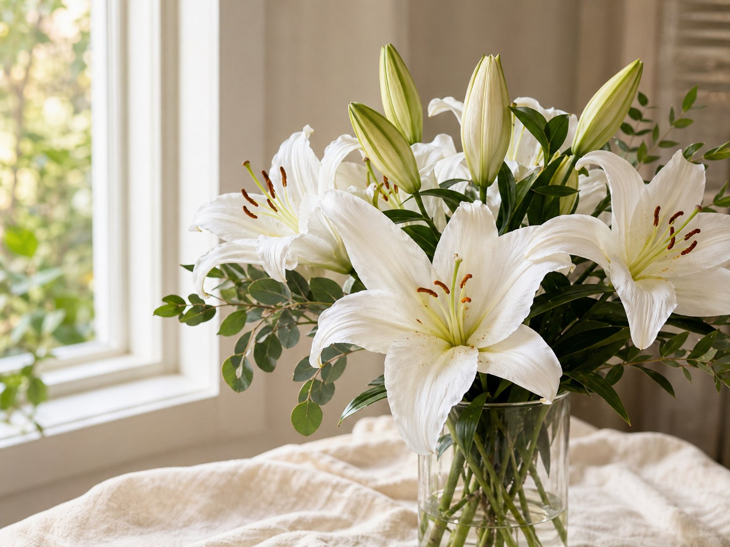 White lily sympathy bouquet in soft window light