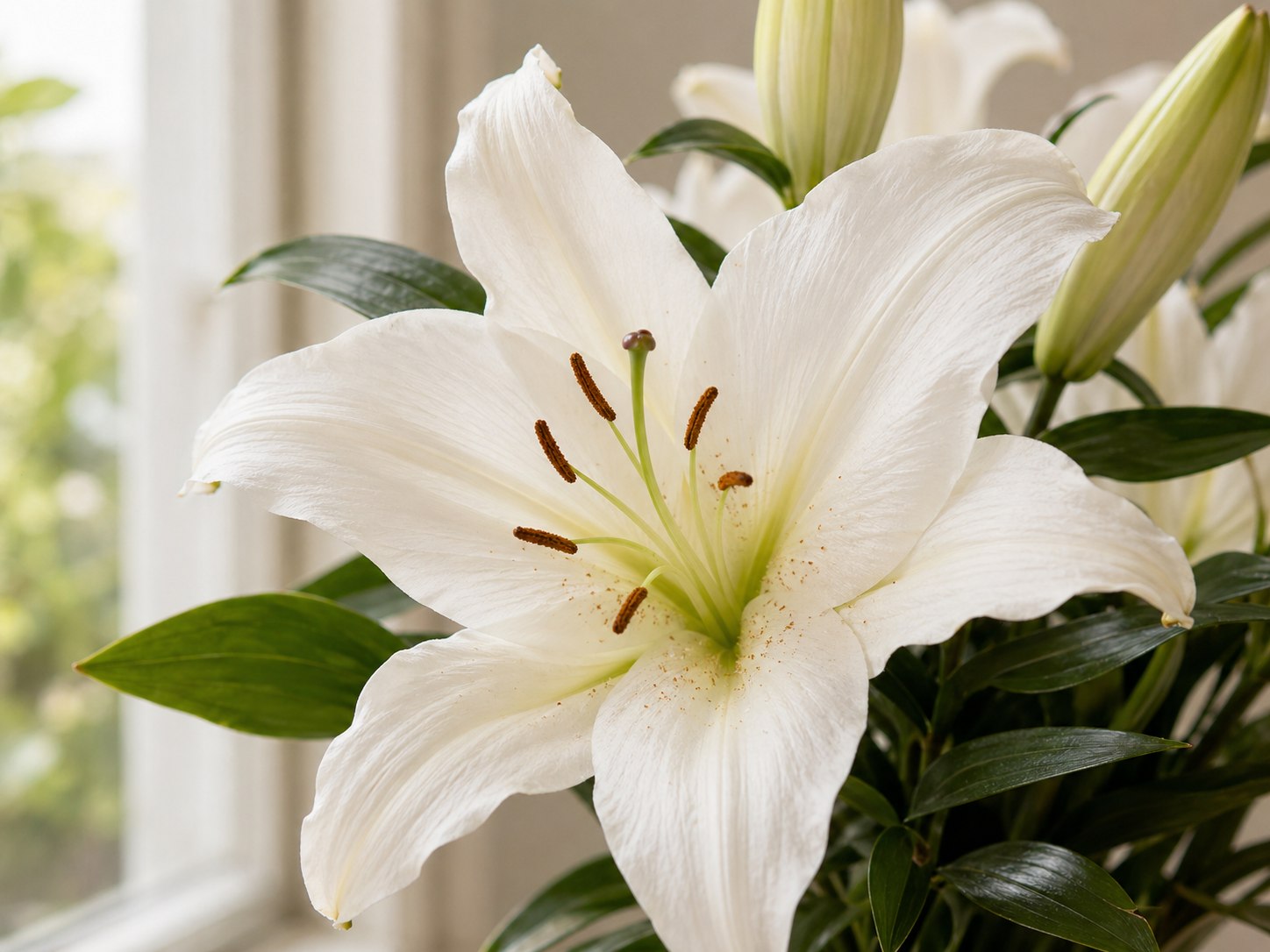 Close-up of white sympathy flowers in soft natural light
